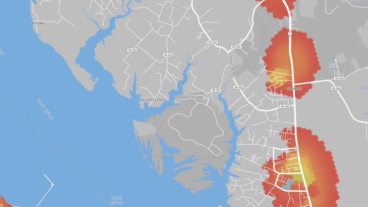 Walk Grade map of Wicomico, VA, walkable areas in green and car-dependent areas in red