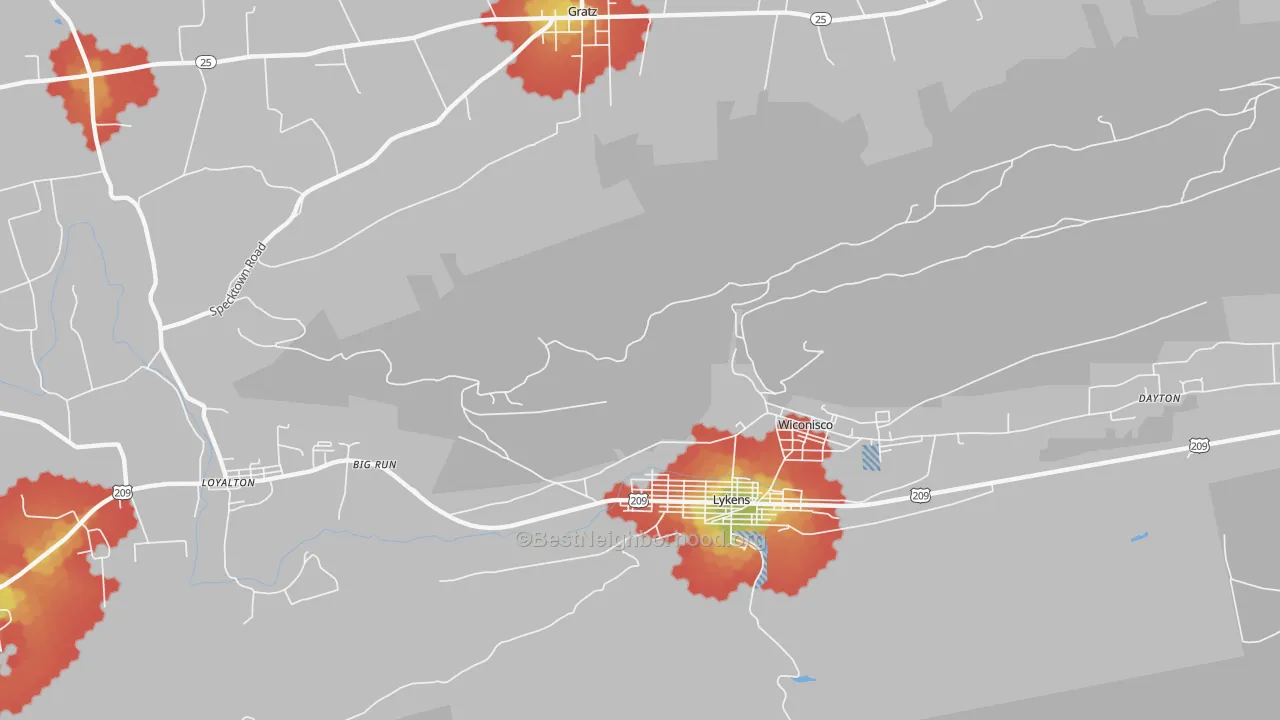 Walk Grade map of Wiconisco, PA, walkable areas in green and car-dependent areas in red