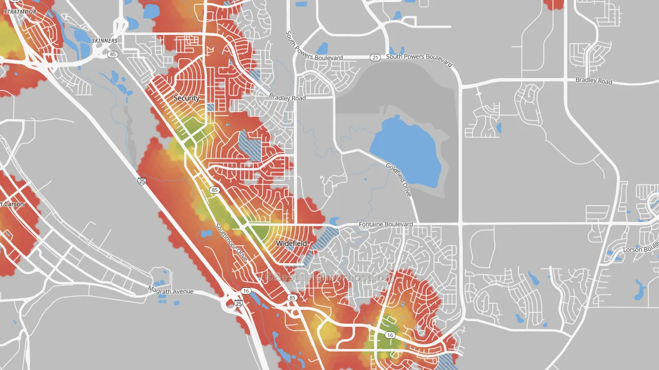 Walk Grade map of Widefield, Security-Widefield, CO, walkable areas in green and car-dependent areas in red