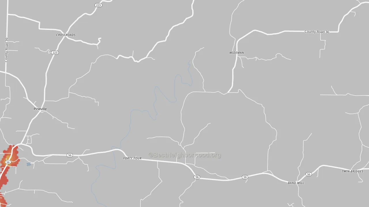 Walk Grade map of Wideman, AR, walkable areas in green and car-dependent areas in red