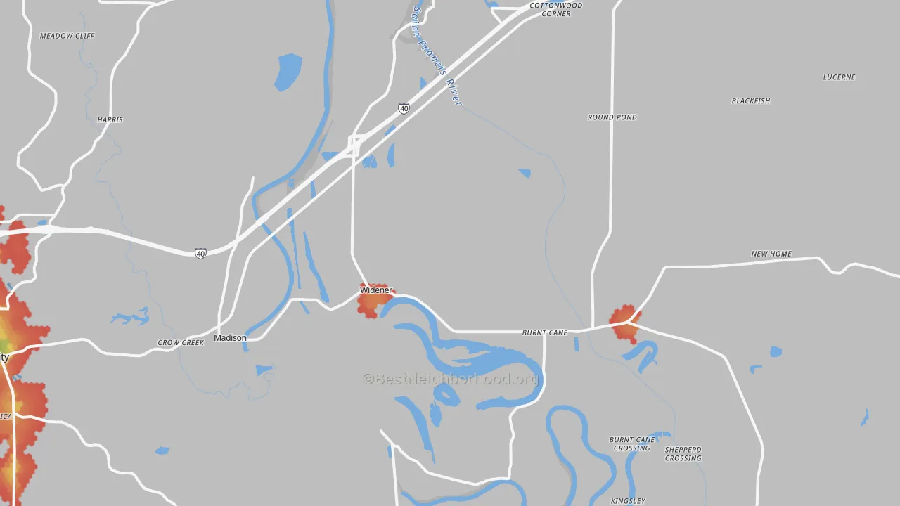 Walk Grade map of Widener, AR, walkable areas in green and car-dependent areas in red