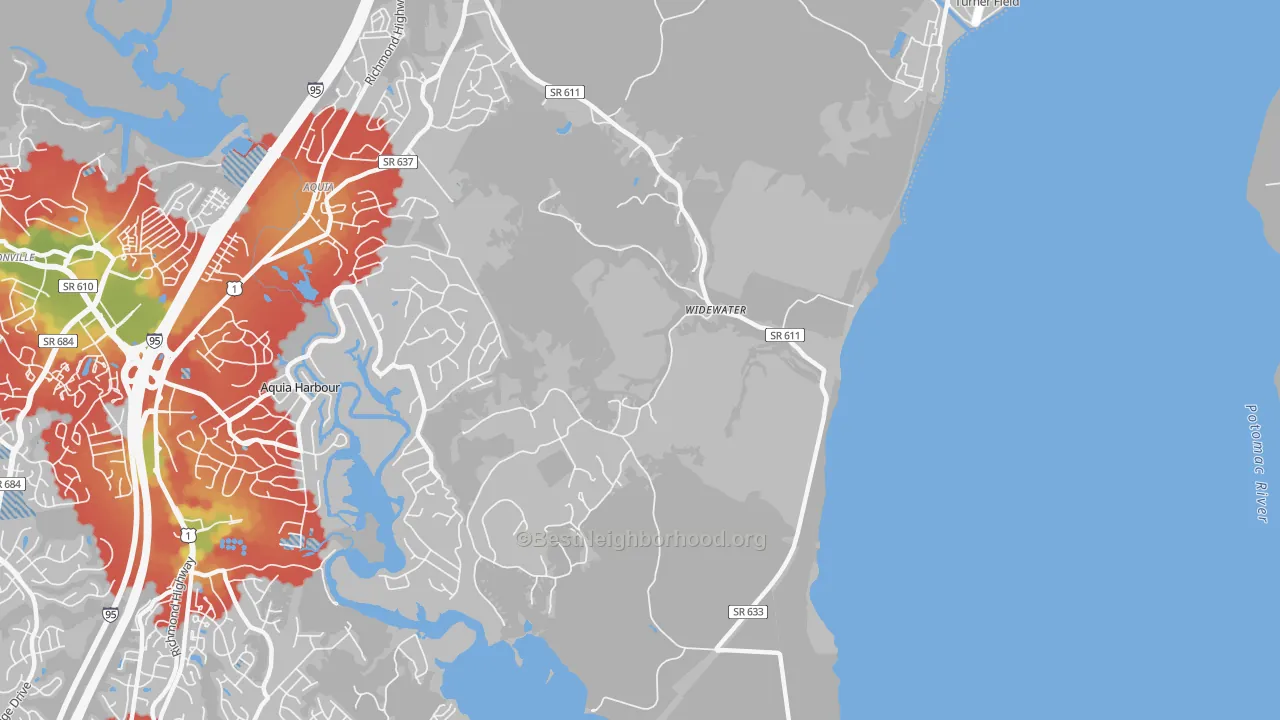 Walk Grade map of Widewater, VA, walkable areas in green and car-dependent areas in red