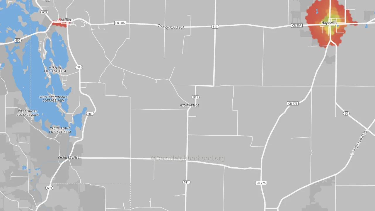 Walk Grade map of Widowville, OH, walkable areas in green and car-dependent areas in red