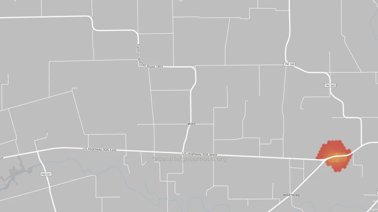 Walk Grade map of Wied, TX, walkable areas in green and car-dependent areas in red