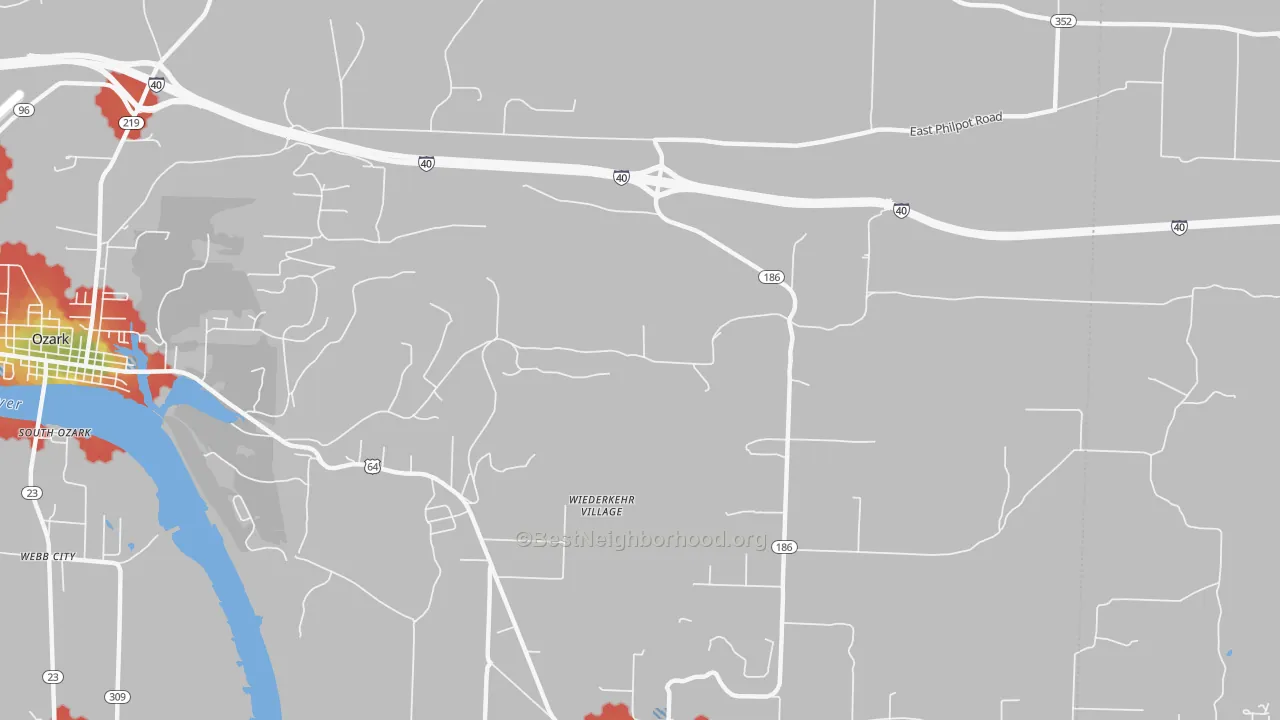Walk Grade map of Wiederkehr Village, AR, walkable areas in green and car-dependent areas in red