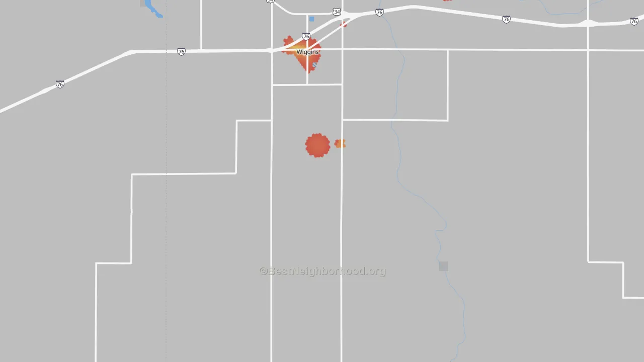 Walk Grade map of Wiggins, CO, walkable areas in green and car-dependent areas in red