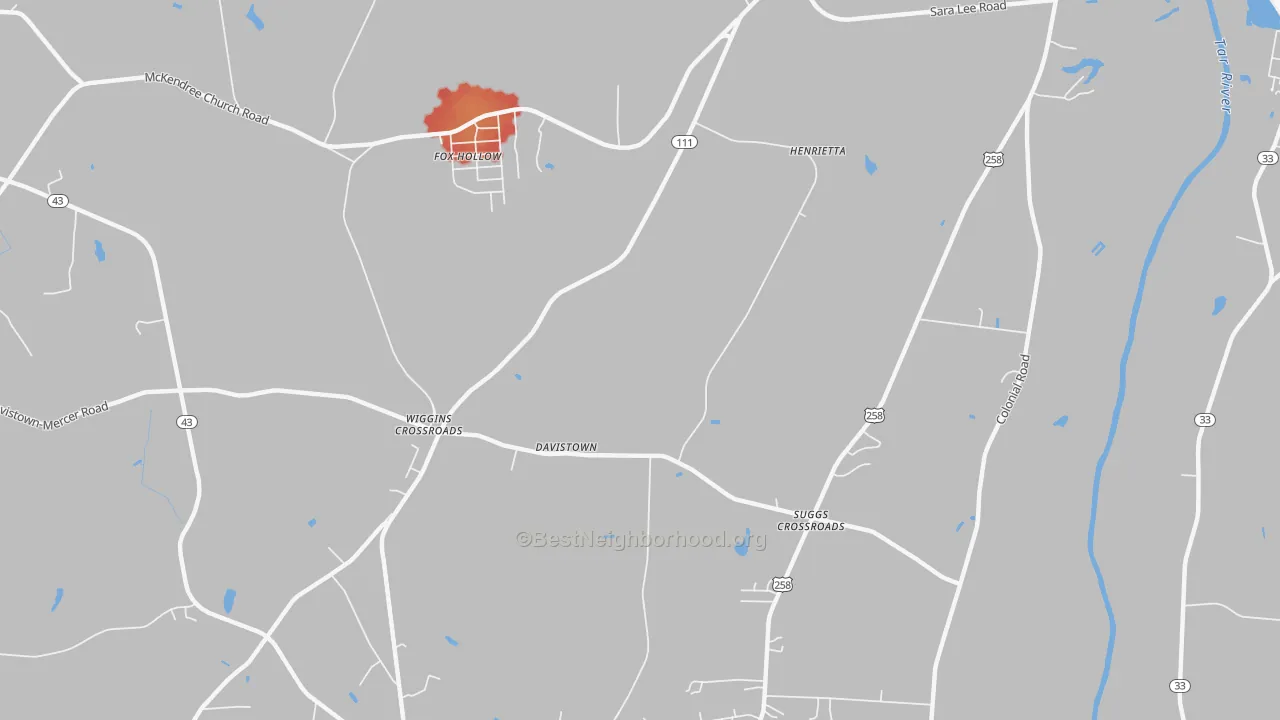 Walk Grade map of Wiggins Crossroads, NC, walkable areas in green and car-dependent areas in red