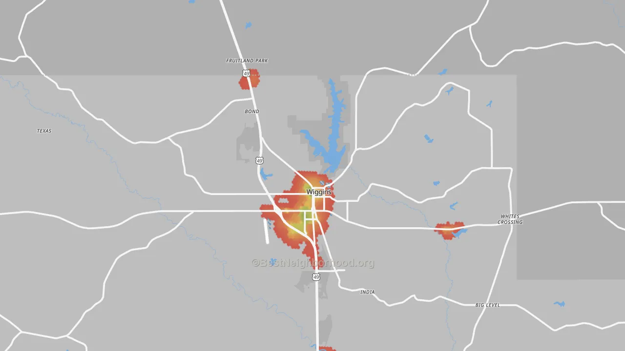 Walk Grade map of Wiggins, MS, walkable areas in green and car-dependent areas in red