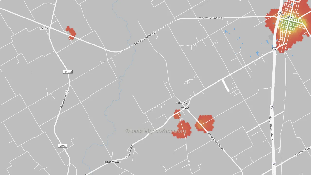 Walk Grade map of Wiggins, TX, walkable areas in green and car-dependent areas in red