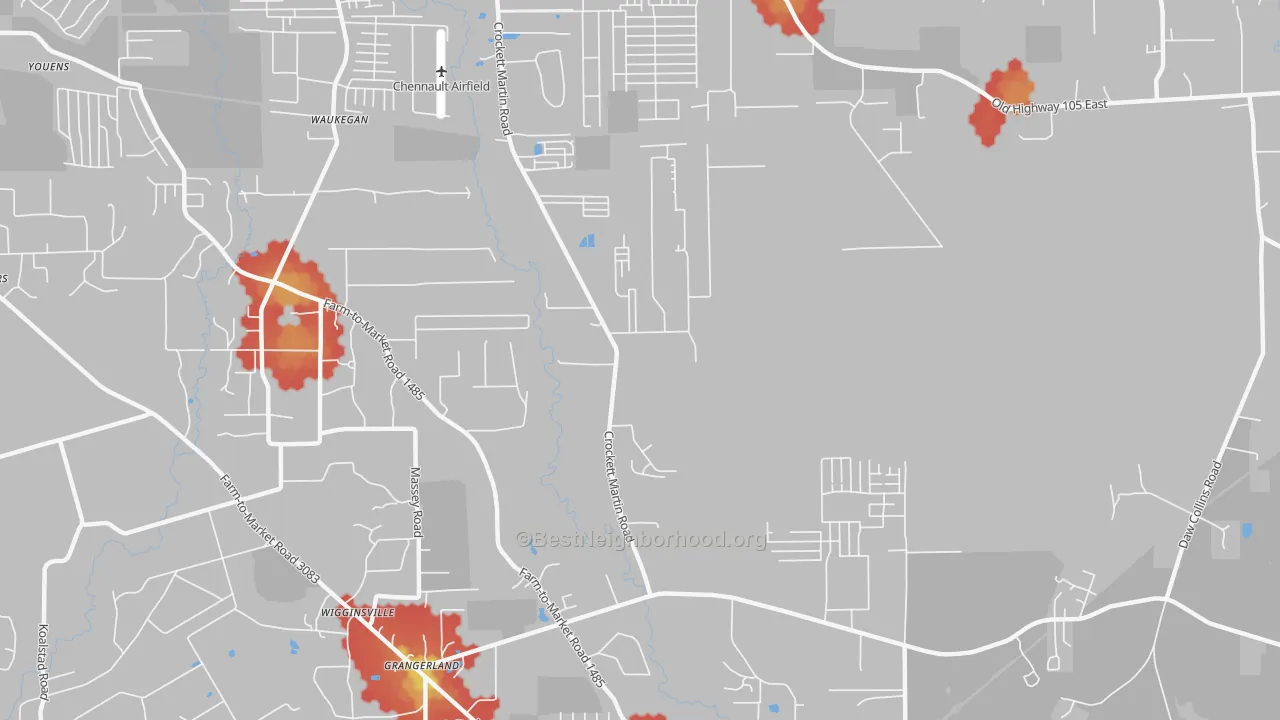Walk Grade map of Wigginsville, TX, walkable areas in green and car-dependent areas in red