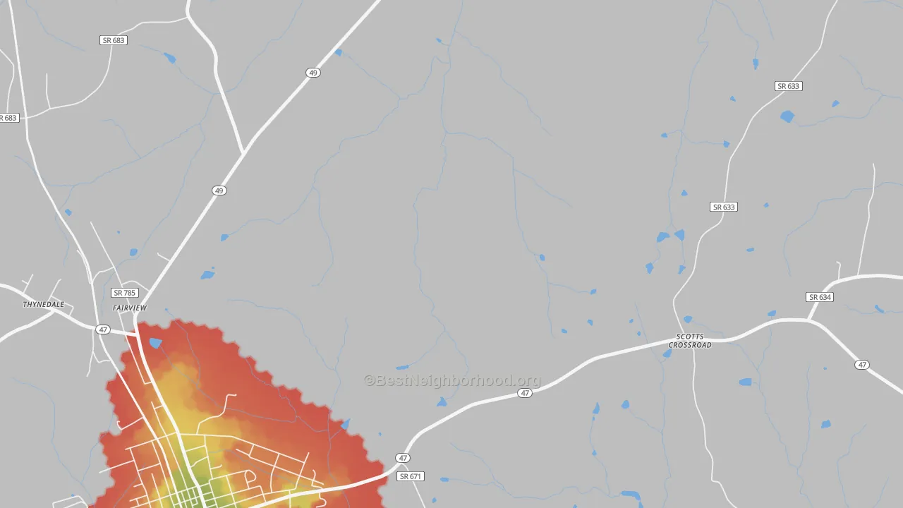 Walk Grade map of Wightman, VA, walkable areas in green and car-dependent areas in red