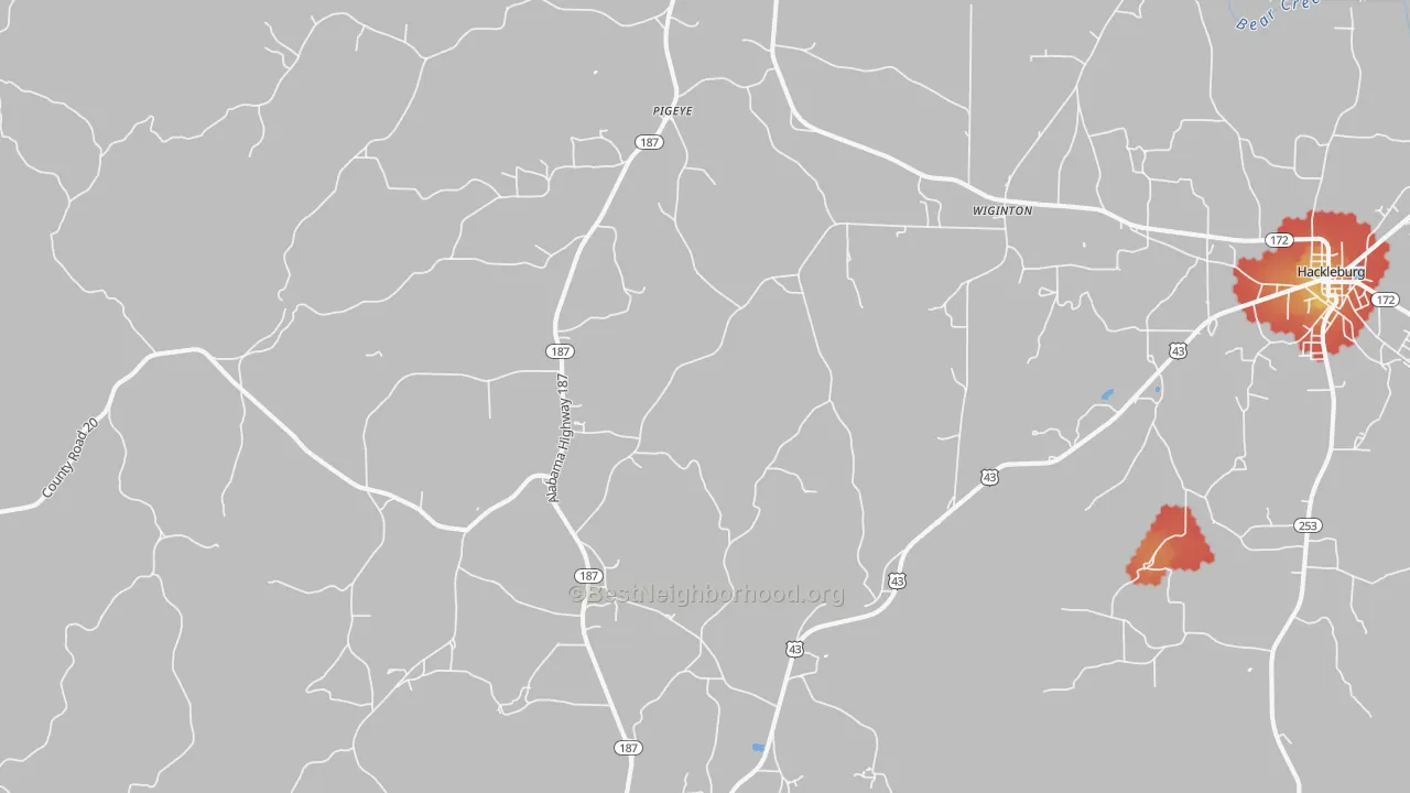 Walk Grade map of Wiginton, AL, walkable areas in green and car-dependent areas in red