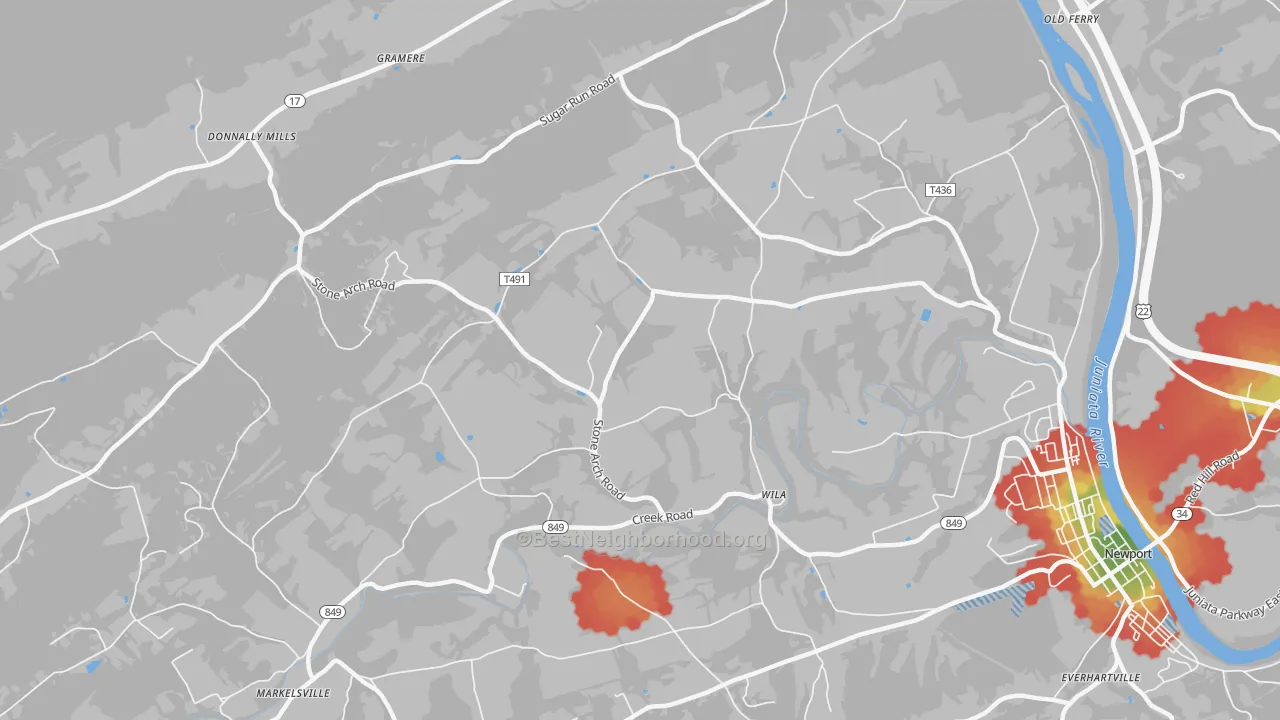 Walk Grade map of Wila, PA, walkable areas in green and car-dependent areas in red