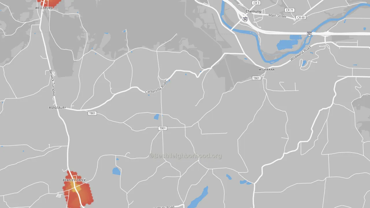 Walk Grade map of Wilawana, PA, walkable areas in green and car-dependent areas in red