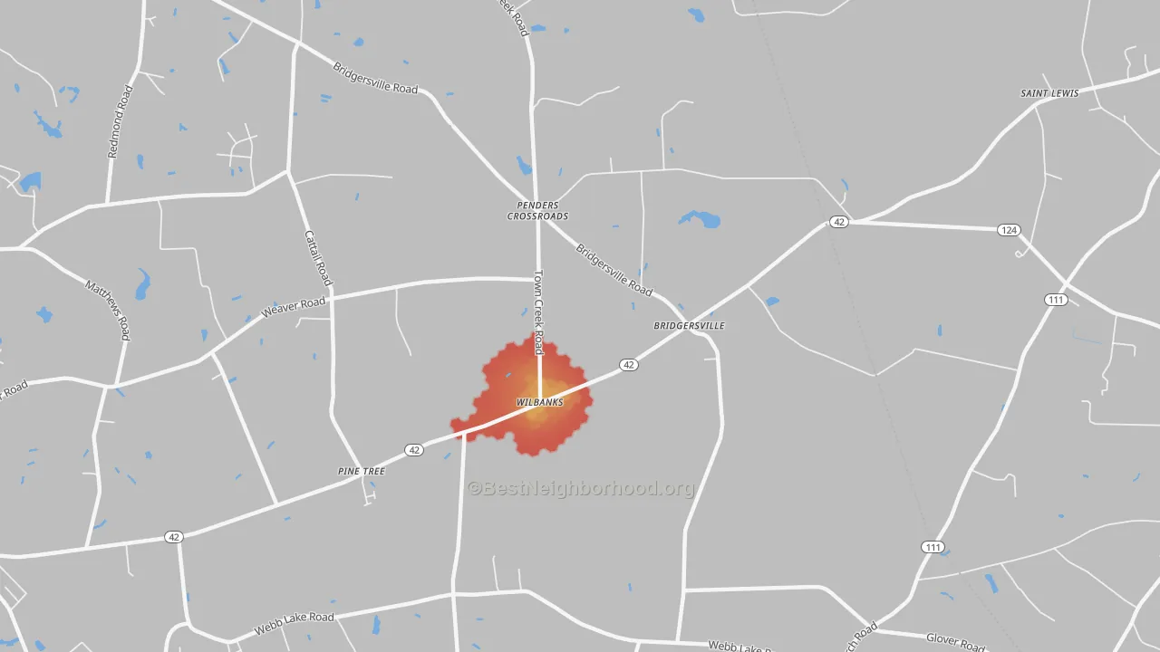 Walk Grade map of Wilbanks, NC, walkable areas in green and car-dependent areas in red