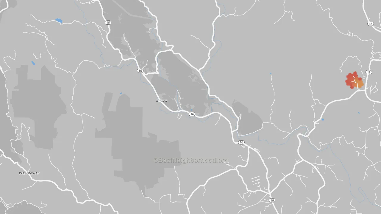 Walk Grade map of Wilbar, NC, walkable areas in green and car-dependent areas in red