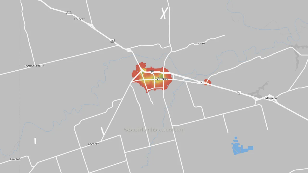 Walk Grade map of Wilbarger County, TX, walkable areas in green and car-dependent areas in red