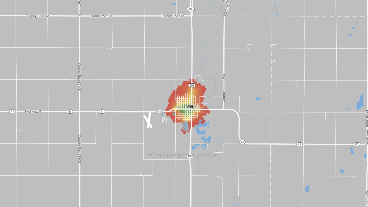 Walk Grade map of Wilber, NE, walkable areas in green and car-dependent areas in red