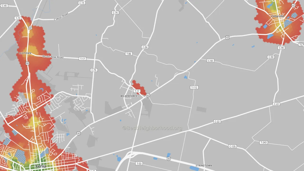 Walk Grade map of Wilberforce, OH, walkable areas in green and car-dependent areas in red