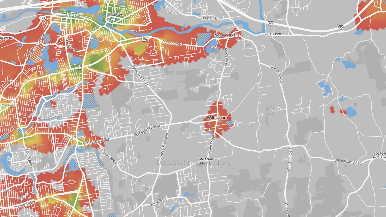 Walk Grade map of Wilbraham, MA, walkable areas in green and car-dependent areas in red