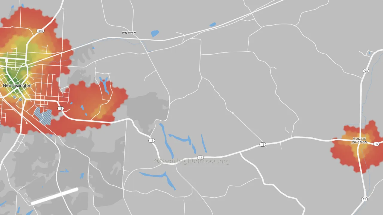 Walk Grade map of Wilbren, OH, walkable areas in green and car-dependent areas in red