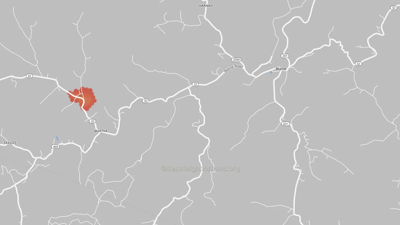 Walk Grade map of Wilbur, KY, walkable areas in green and car-dependent areas in red