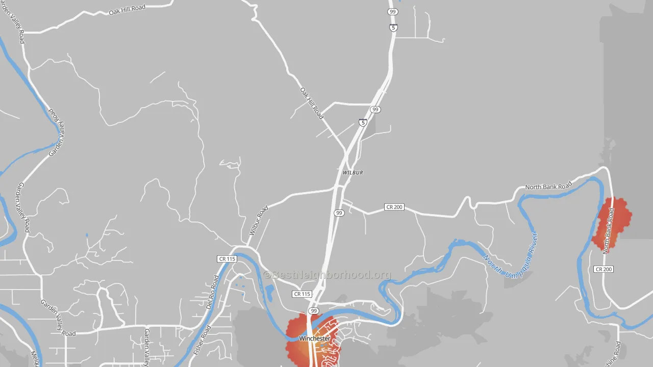 Walk Grade map of Wilbur, OR, walkable areas in green and car-dependent areas in red