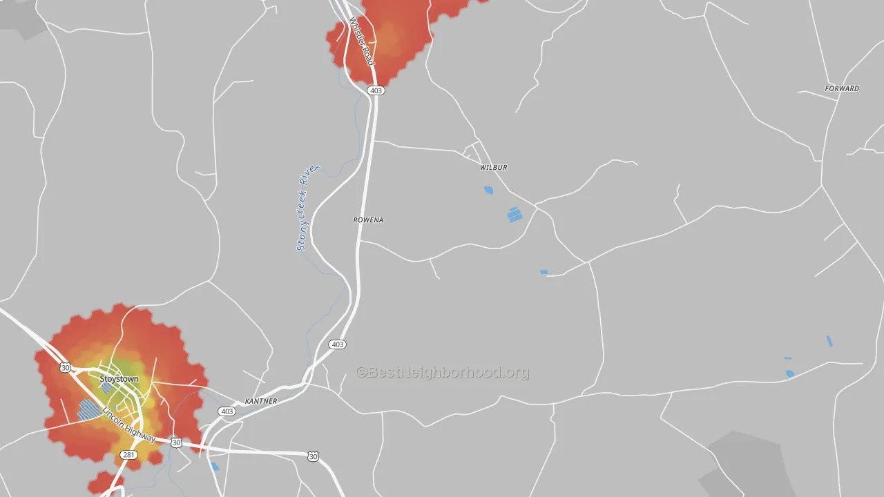 Walk Grade map of Wilbur, PA, walkable areas in green and car-dependent areas in red