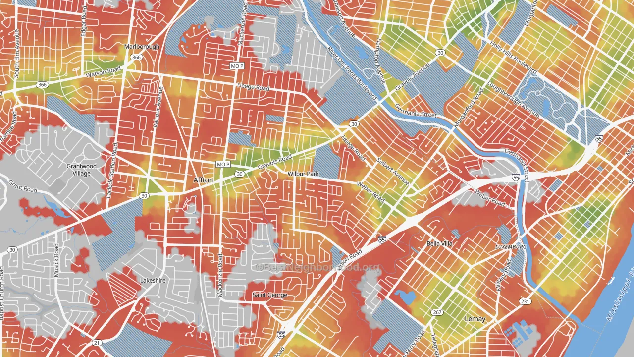 Walk Grade map of Wilbur Park, MO, walkable areas in green and car-dependent areas in red
