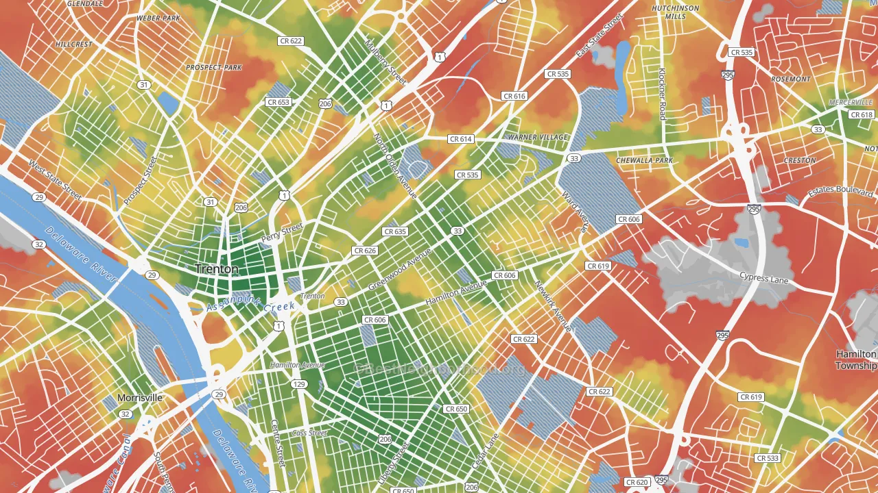 Walk Grade map of Wilbur, Trenton, NJ, walkable areas in green and car-dependent areas in red