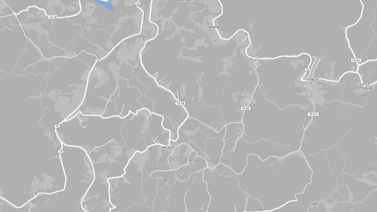 Walk Grade map of Wilbur, WV, walkable areas in green and car-dependent areas in red