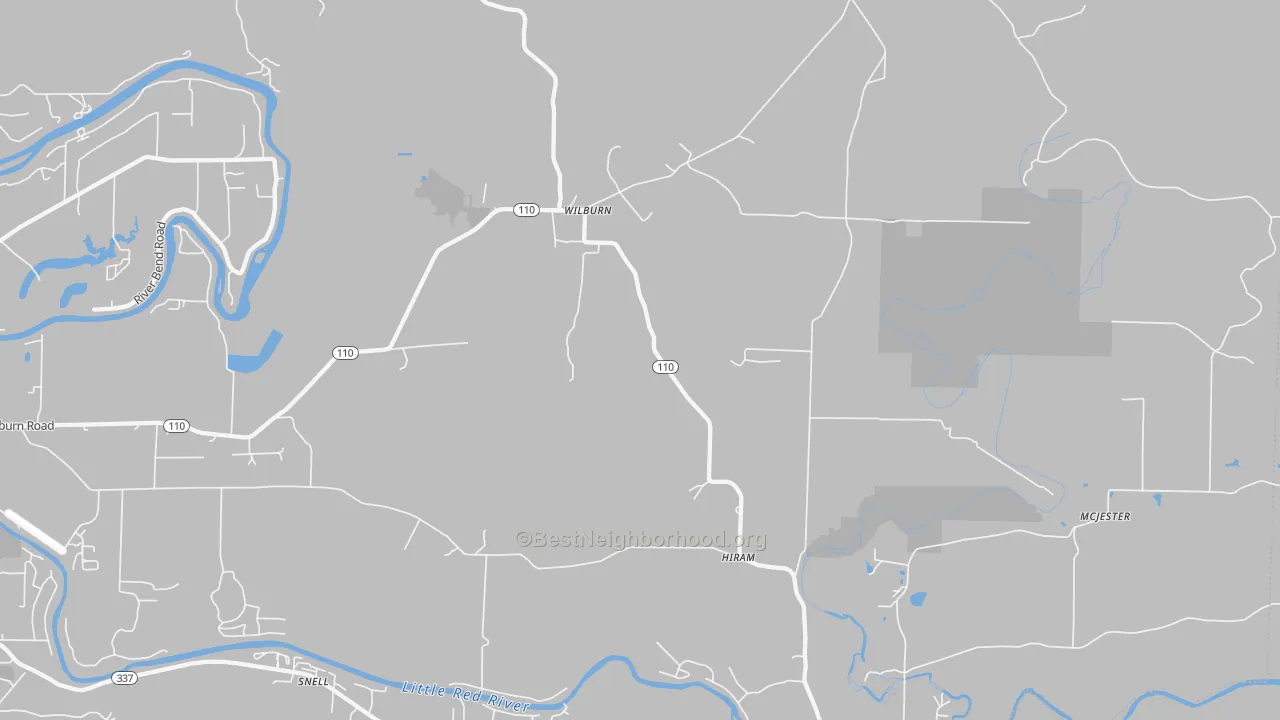 Walk Grade map of Wilburn, AR, walkable areas in green and car-dependent areas in red