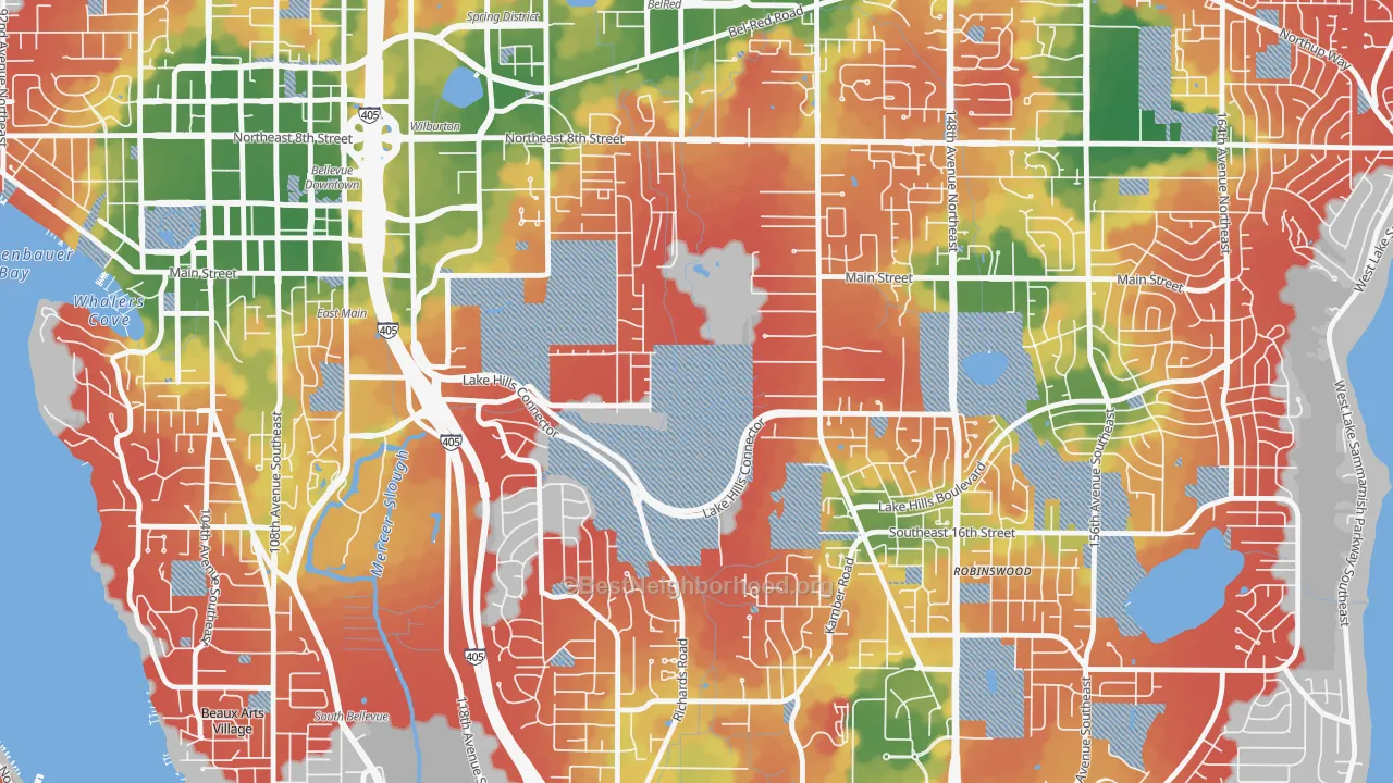Walk Grade map of Wilburton, Bellevue, WA, walkable areas in green and car-dependent areas in red