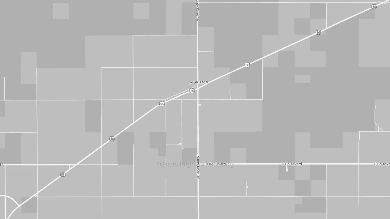Walk Grade map of Wilburton, KS, walkable areas in green and car-dependent areas in red