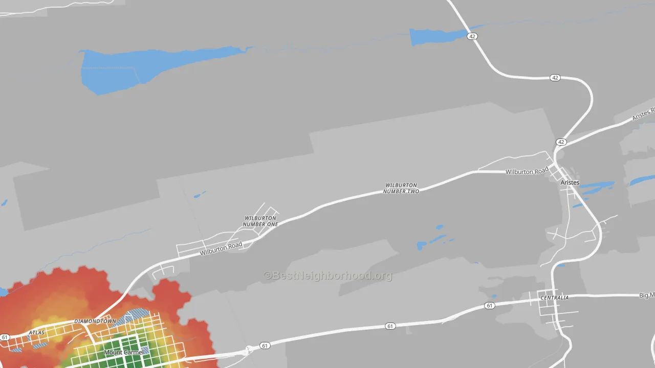 Walk Grade map of Wilburton Number Two, PA, walkable areas in green and car-dependent areas in red