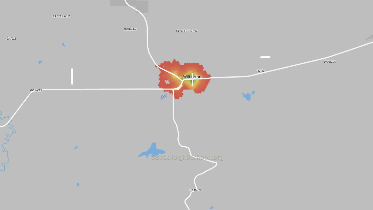 Walk Grade map of Wilburton, OK, walkable areas in green and car-dependent areas in red