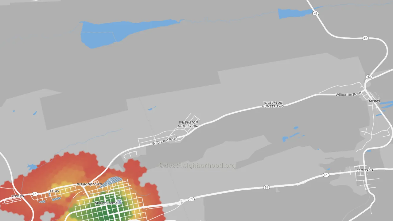 Walk Grade map of Wilburton, PA, walkable areas in green and car-dependent areas in red