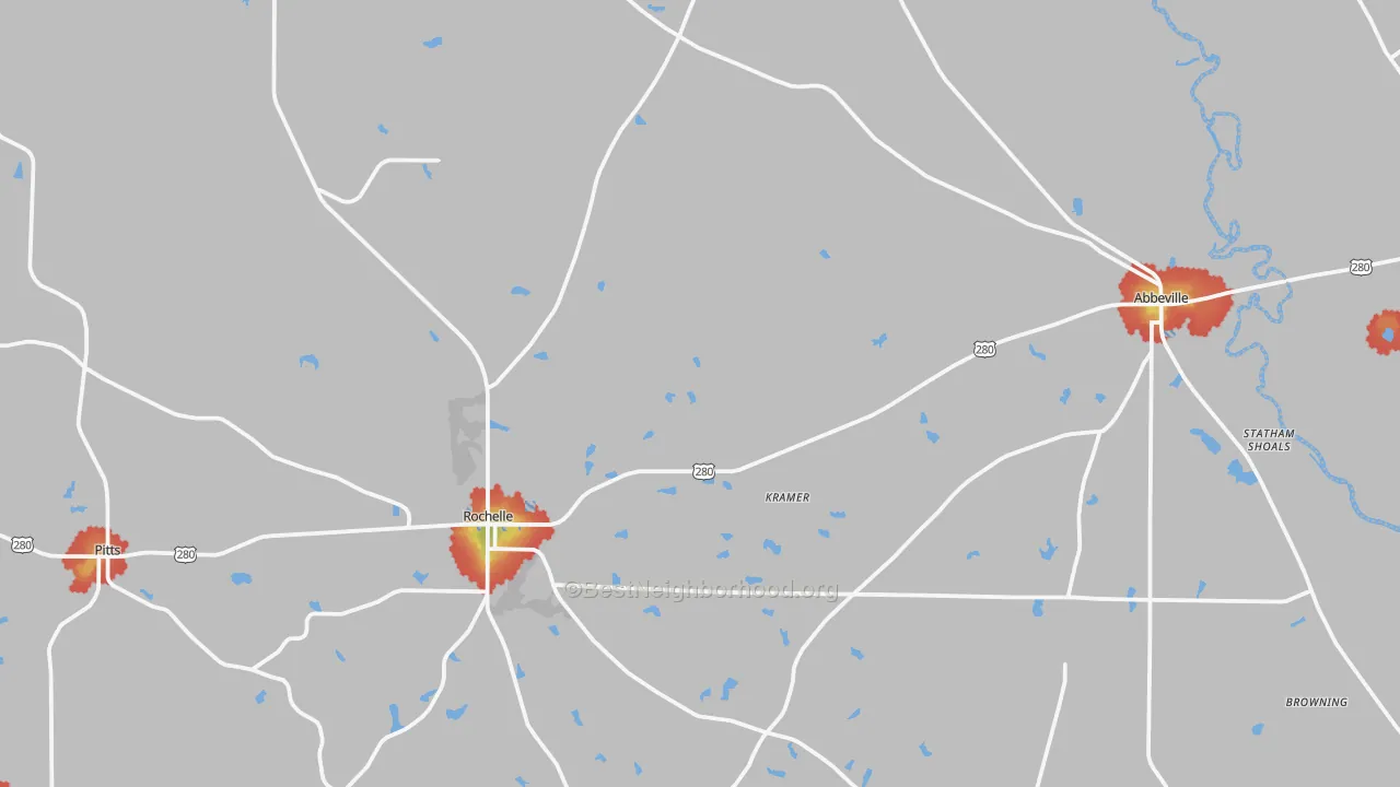 Walk Grade map of Wilcox County, GA, walkable areas in green and car-dependent areas in red
