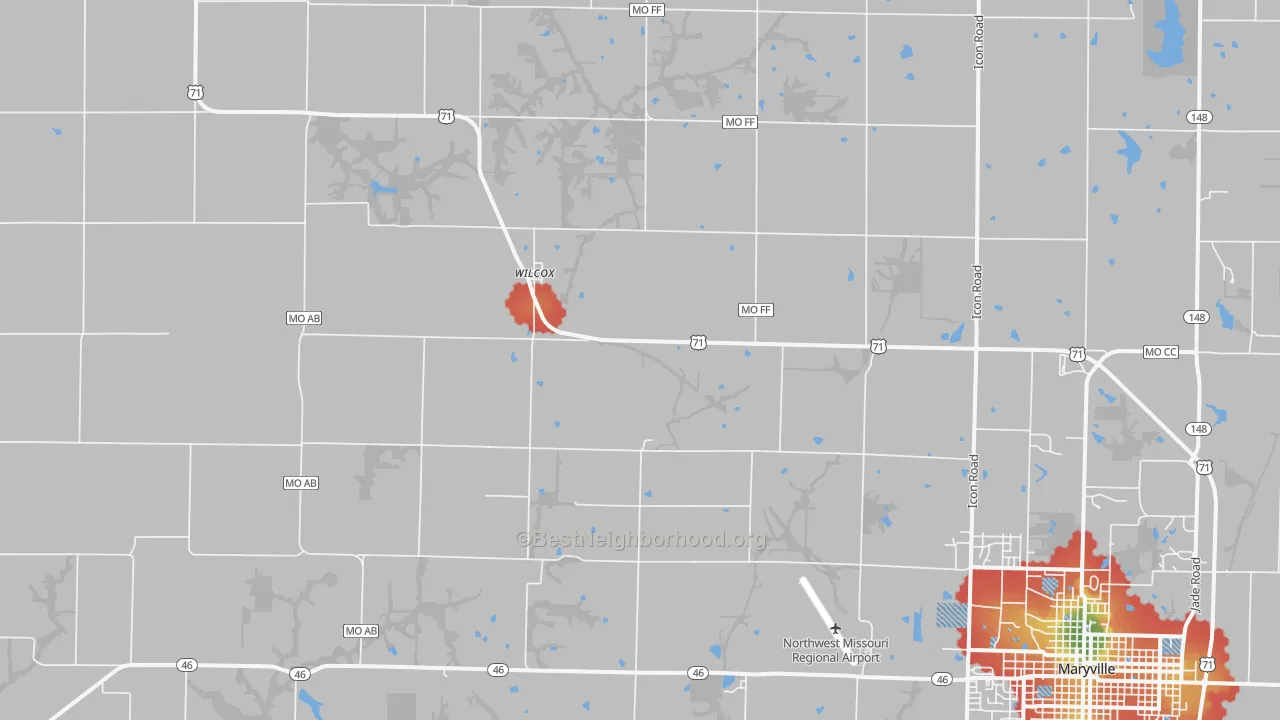 Walk Grade map of Wilcox, MO, walkable areas in green and car-dependent areas in red