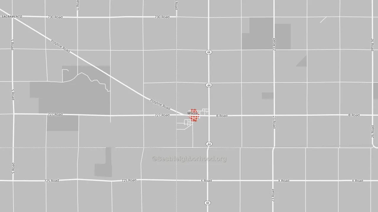 Walk Grade map of Wilcox, NE, walkable areas in green and car-dependent areas in red