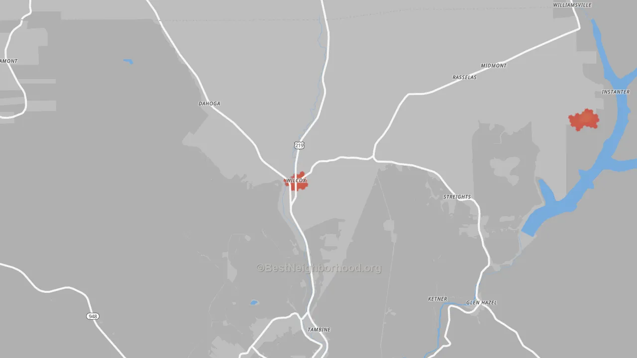 Walk Grade map of Wilcox, PA, walkable areas in green and car-dependent areas in red