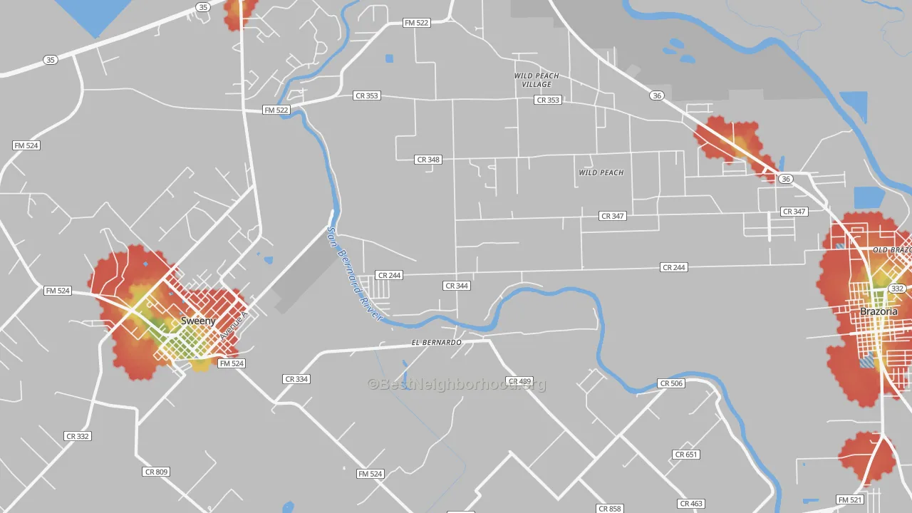 Walk Grade map of Wild Peach Village, TX, walkable areas in green and car-dependent areas in red