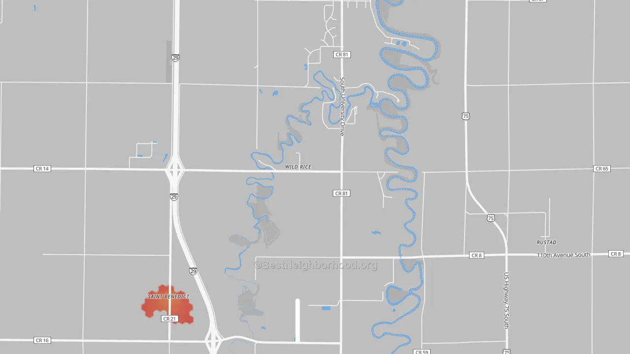 Walk Grade map of Wild Rice, ND, walkable areas in green and car-dependent areas in red