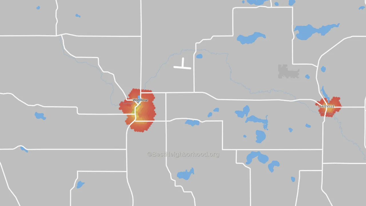 Walk Grade map of Wild Rose, WI, walkable areas in green and car-dependent areas in red