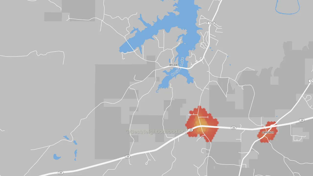 Walk Grade map of Wilda, LA, walkable areas in green and car-dependent areas in red