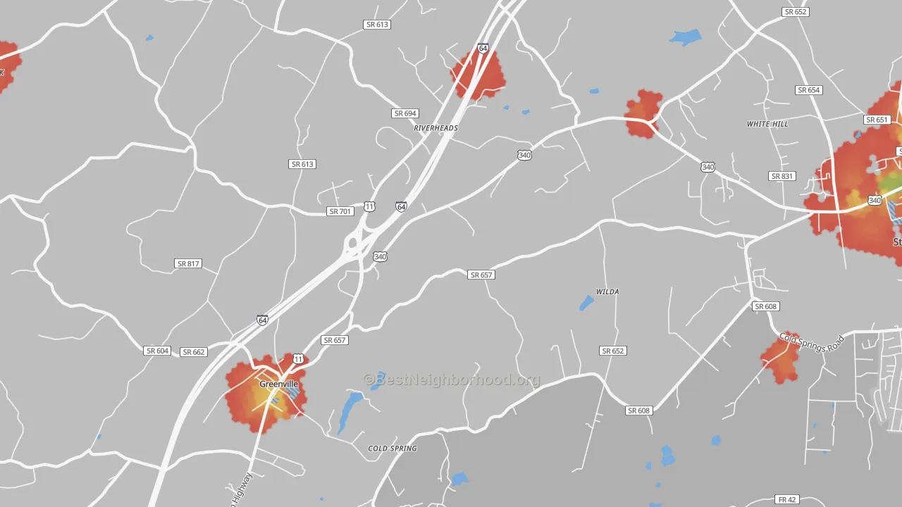 Walk Grade map of Wilda, VA, walkable areas in green and car-dependent areas in red