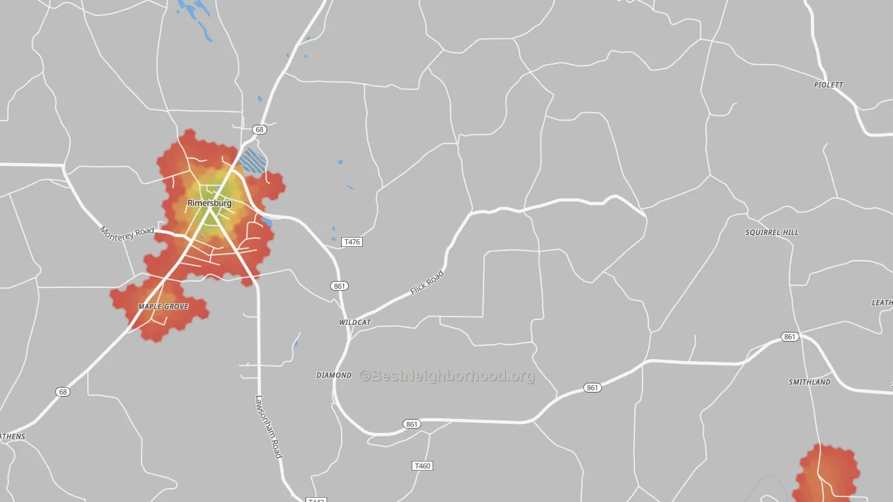 Walk Grade map of Wildcat, PA, walkable areas in green and car-dependent areas in red