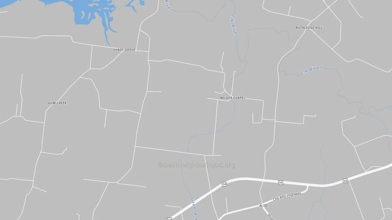 Walk Grade map of Wilder Chapel, TN, walkable areas in green and car-dependent areas in red