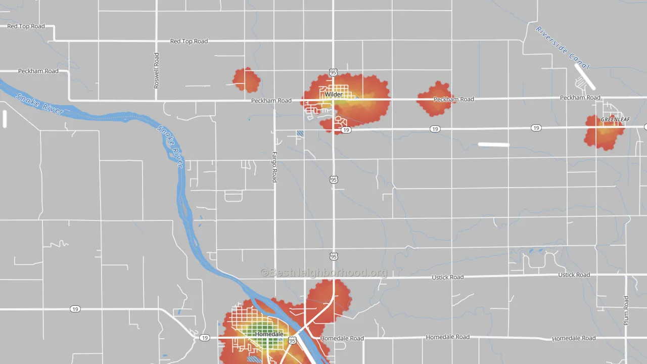 Walk Grade map of Wilder, ID, walkable areas in green and car-dependent areas in red