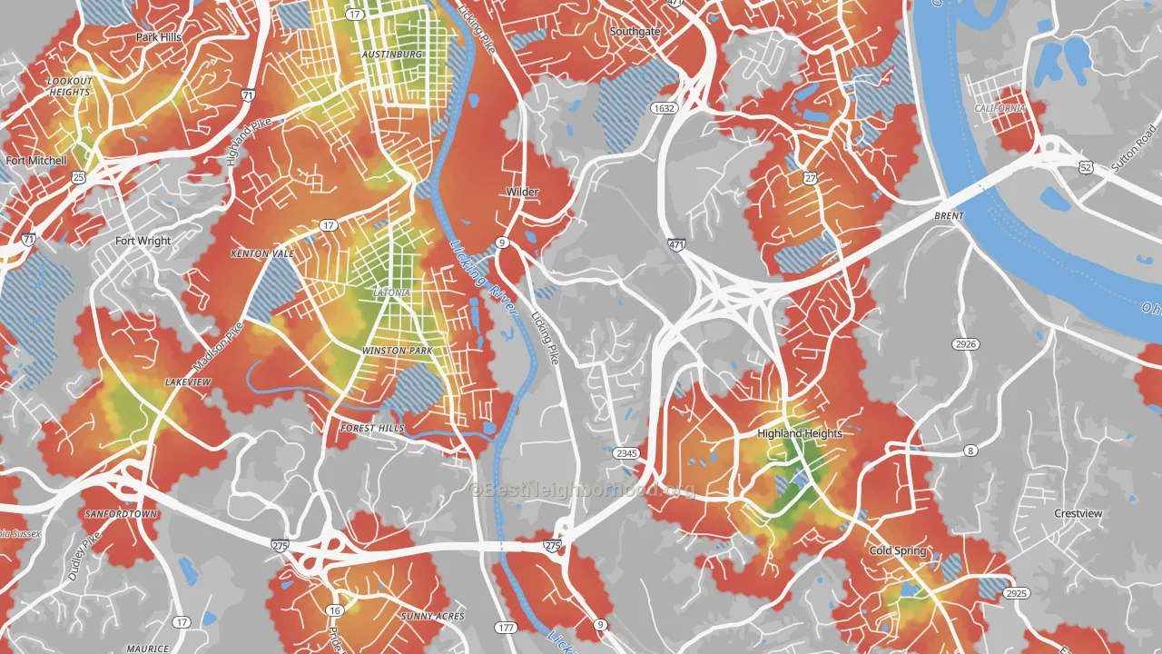 Walk Grade map of Wilder, KY, walkable areas in green and car-dependent areas in red